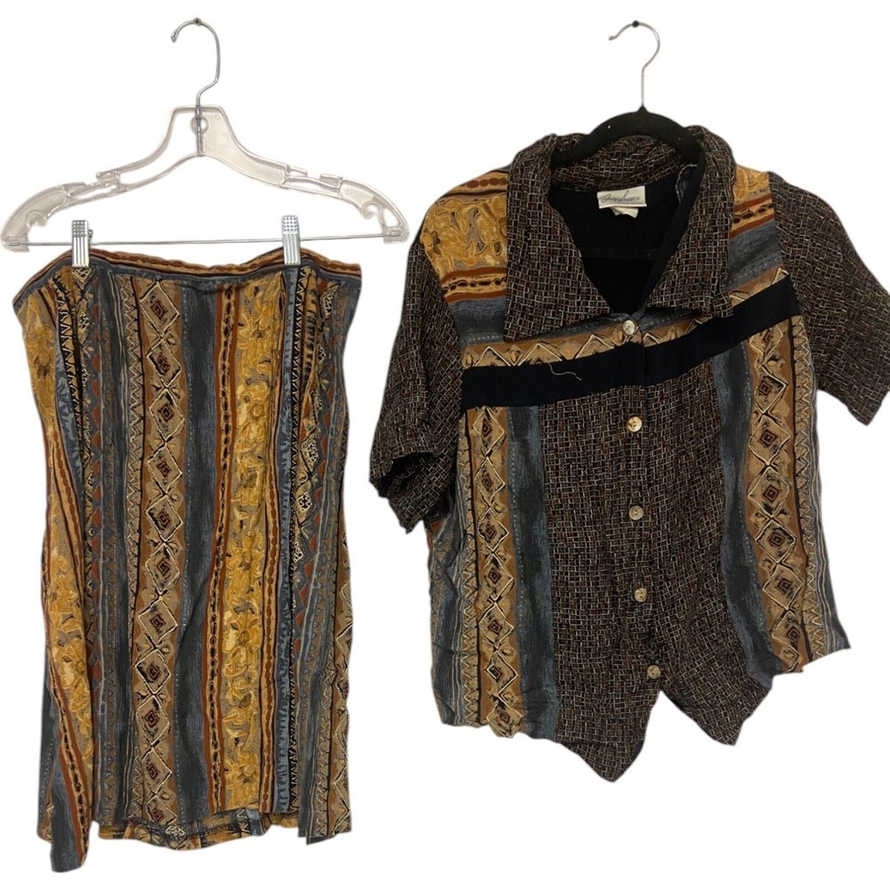 Jaclyn Smith Button Up Blouse Skirt 2 Pc‎ Set Multicolor Patchwork Womens 18W